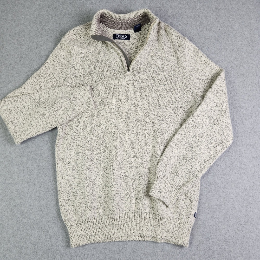 Chaps Sweater Mens Small Oatmeal Gray Marled Knit Cotton Mock Neck Quarter‎ Zip